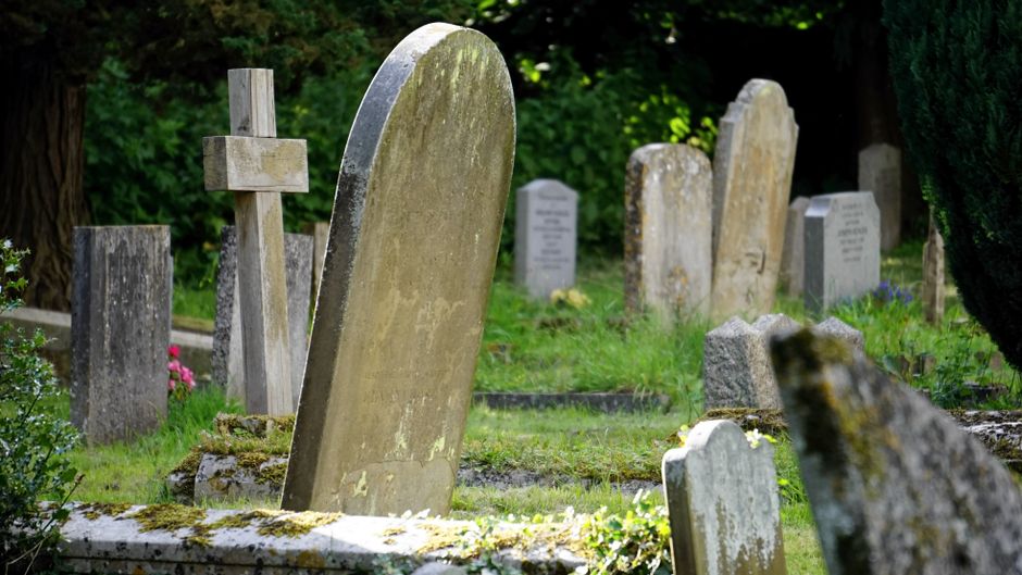 A section of a graveyard with several upright and leaning headstones made of stone and concrete, some covered in moss and lichen. There are small plants and moss growing around the bases of the graves